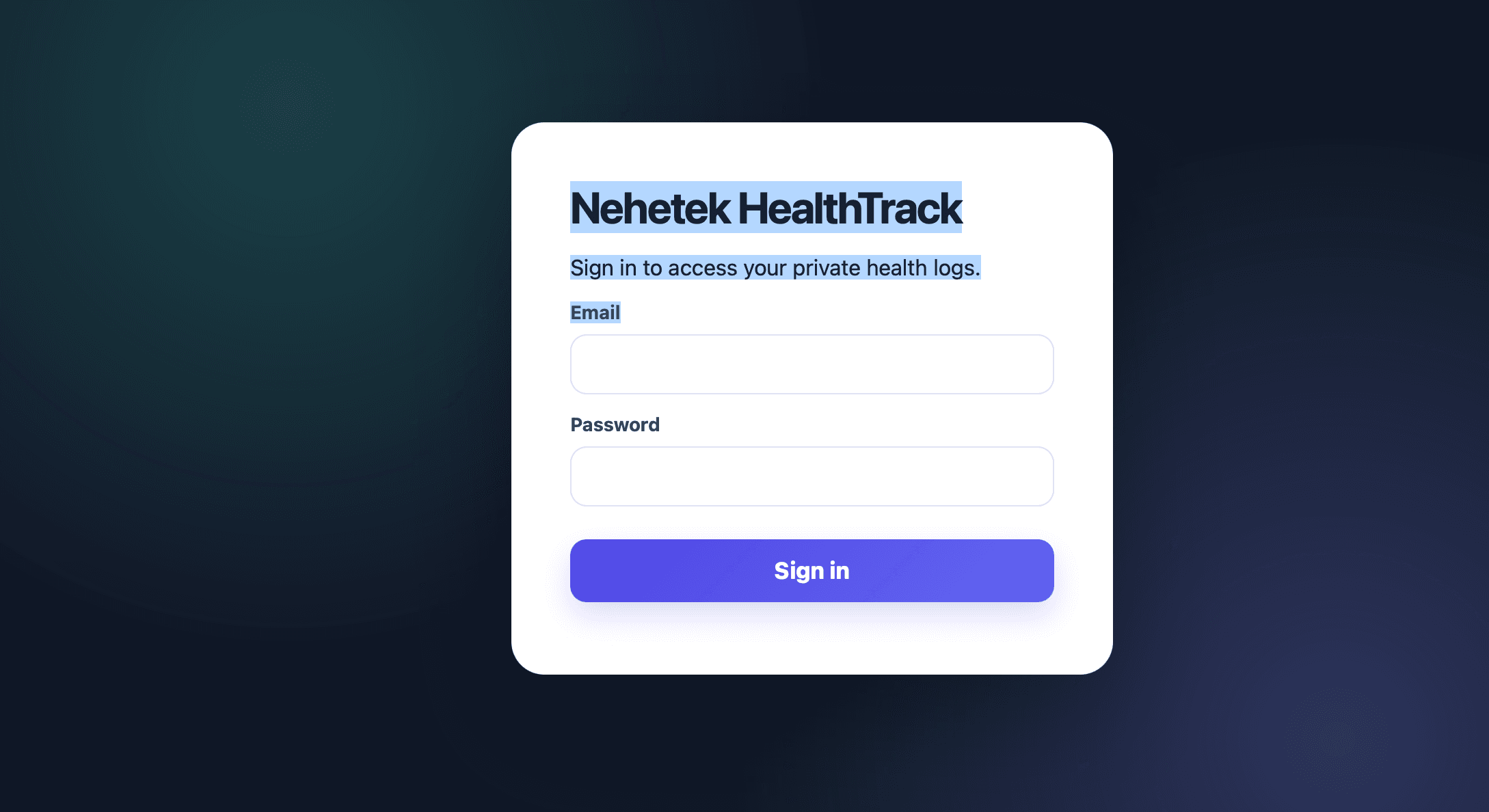 Nehetek HealthTrack application login screen